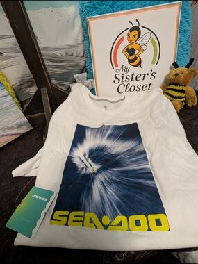 Banana Republic White Short Sleeve Tee with Blue Graphic and Yellow Logo